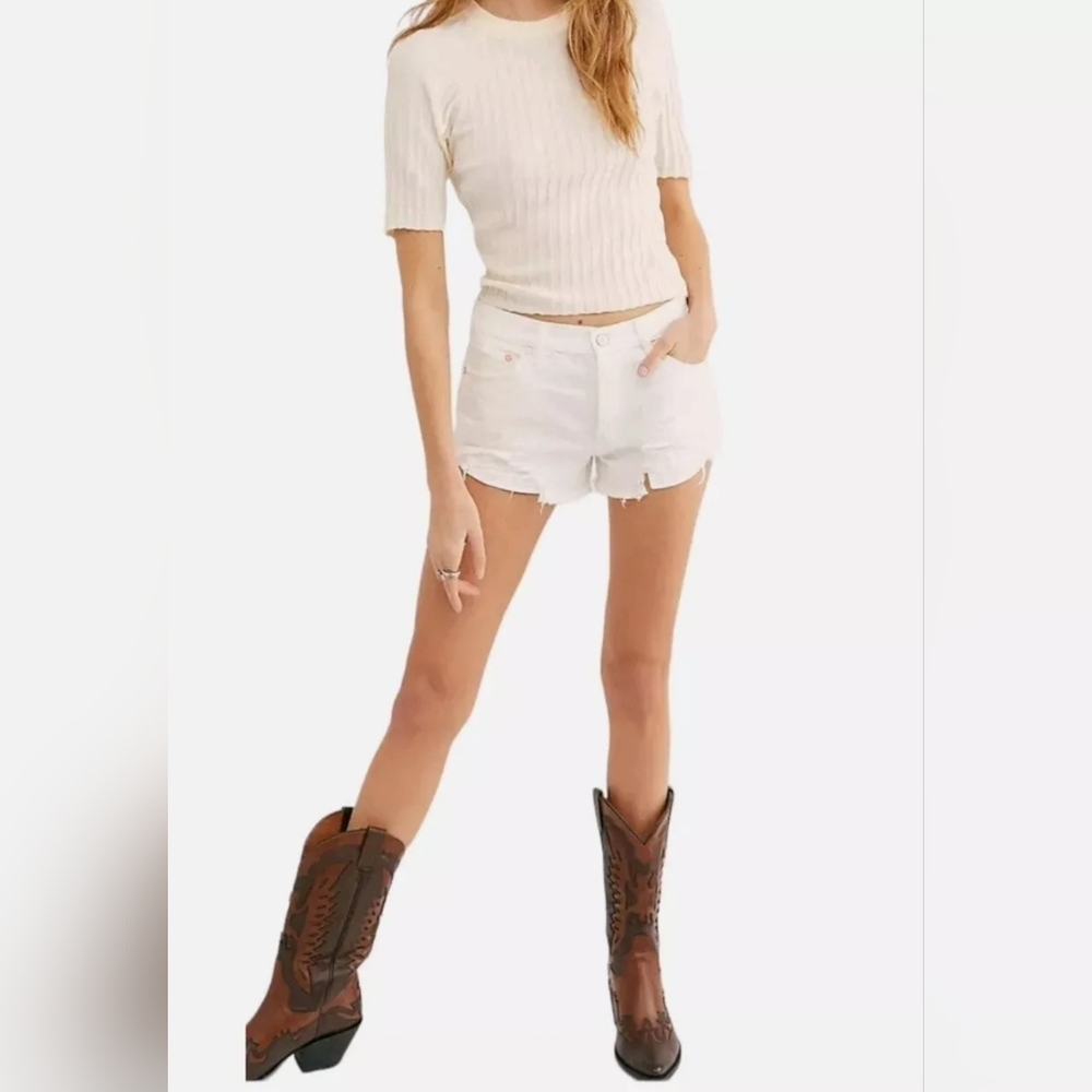 We The Free Free People Loving Good Vibrations Cut off Fringe Denim Shorts White